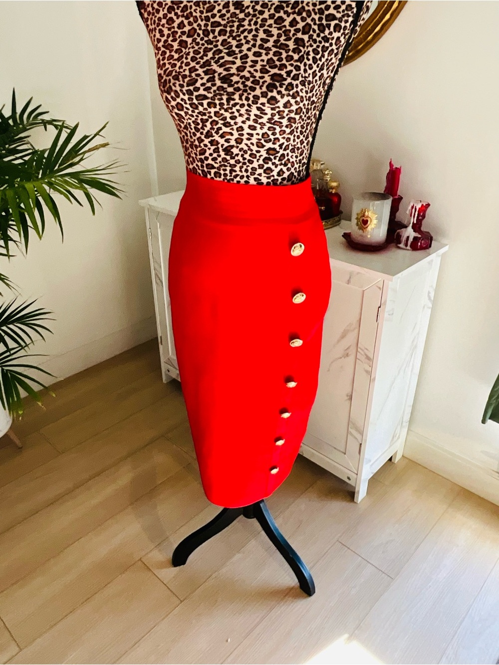 Red Gold Button Pencil Skirt